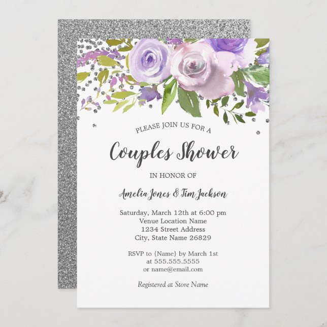 Silver Purple Floral Couples Shower Invitation (Front/Back)