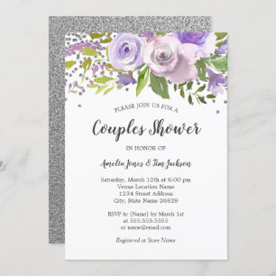 Silver Purple Floral Couples Shower Invitation