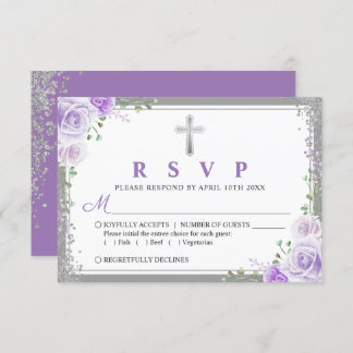 Silver Purple Floral First communion RSVP Card