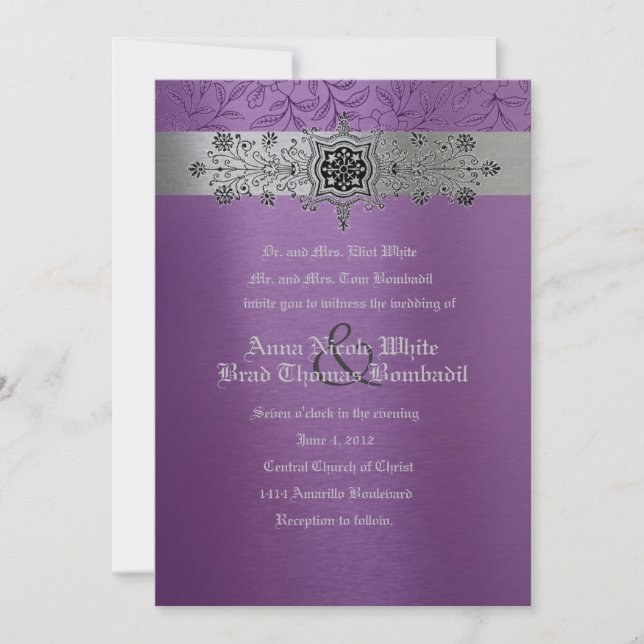 Silver & Purple Floral Metallic Wedding Invitation (Front)