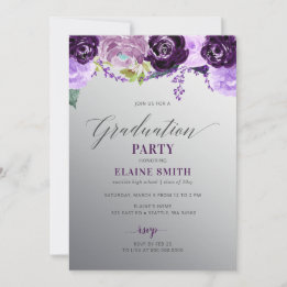 Silver Purple Floral Photo Graduation Party Invitation