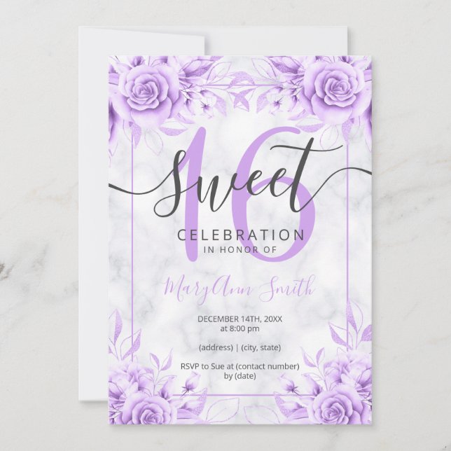 Silver Purple Floral Sweet 16 Marble Glitter Invitation (Front)