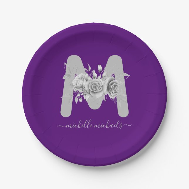 Silver Purple Floral Watercolor Monogram Paper Plate (Front)
