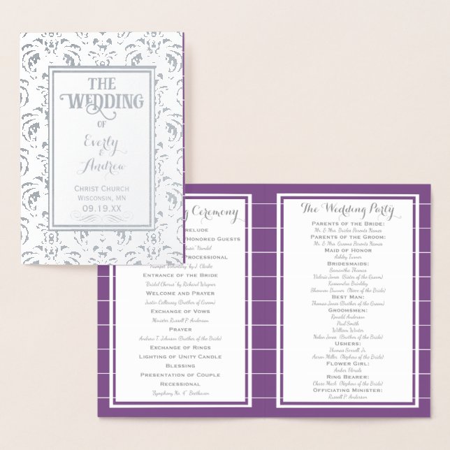 Silver Purple Foil Vintage Damask WEDDING PROGRAM Card (Display)