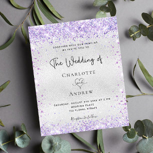 Silver purple glitter budget wedding invitation flyer