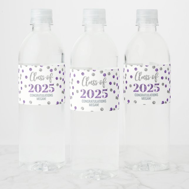 Silver Purple Glitter Class of 2025 Graduation Water Bottle Label (Bottles)