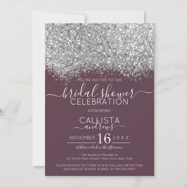 Silver Purple Glitter Confetti Bridal Shower Invitation (Front)