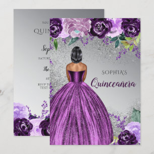 Silver Purple Glitter Dress Quinceañera Quince  Invitation