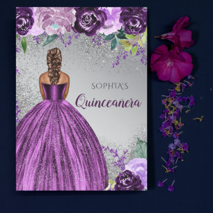 Silver Purple Glitter Dress Quinceañera Quince Invitation