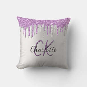 Silver purple glitter drips custom monogram name cushion