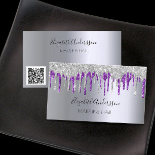 Silver purple glitter drips makeup hair QR code Business Card