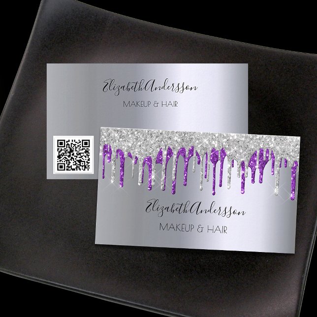 Silver purple glitter drips makeup hair QR code Business Card (Creator Uploaded)