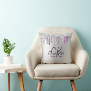 Silver purple glitter drips monogram name cushion