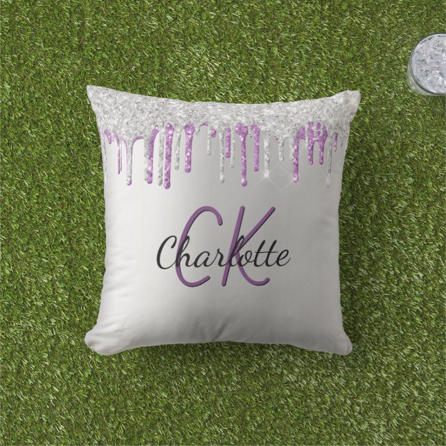 Silver purple glitter drips monogram name cushion (Grass)