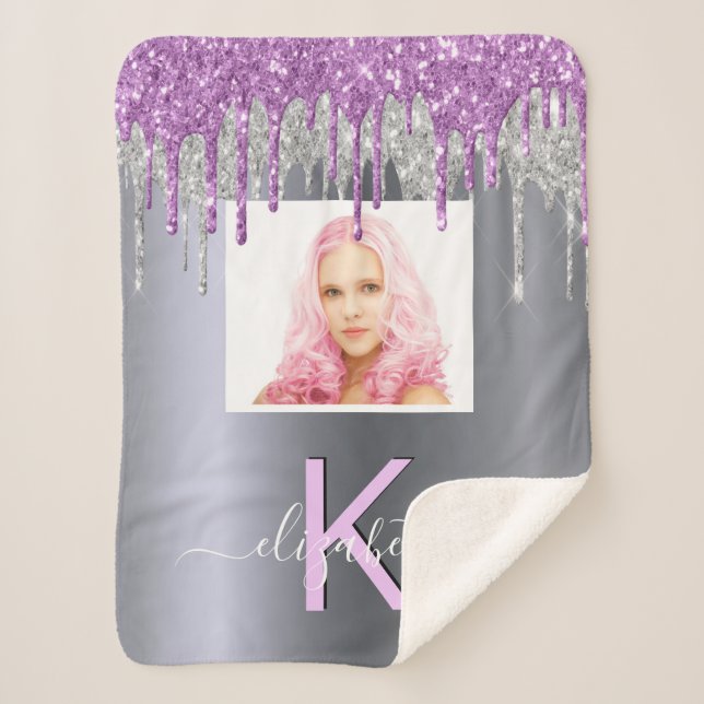 Silver purple glitter drips photo monogram name sherpa blanket (Front)