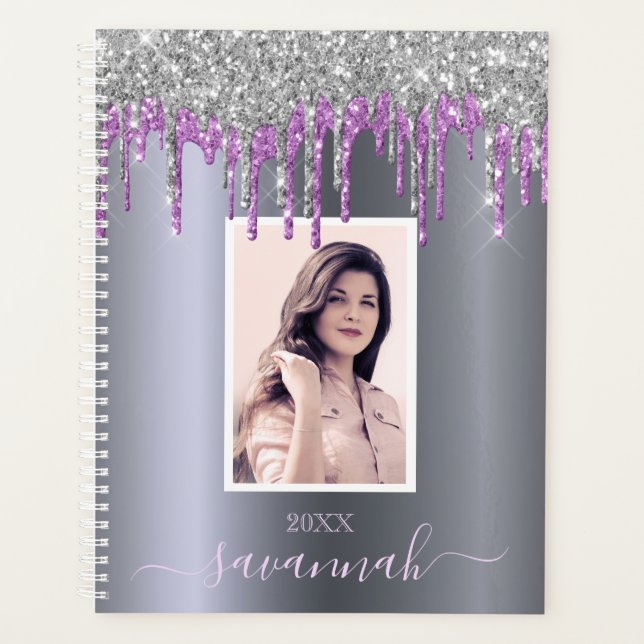 Silver purple glitter drips photo name planner (Front)