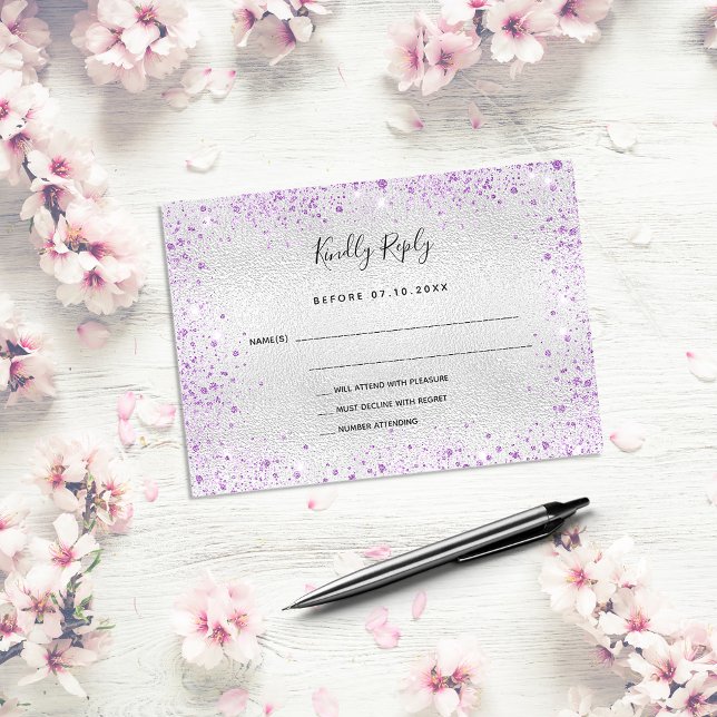 Silver purple glitter elegant wedding RSVP Card (Creator Uploaded)