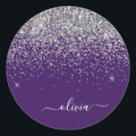 Silver Purple Glitter Girly Monogram Name Classic Round Sticker<br><div class="desc">Silver and Purple Sparkle Glitter Monogram Name and Initial Party Sticker Address Labels. This makes the perfect sweet 16 birthday,  wedding,  bridal shower,  anniversary,  baby shower or bachelorette party gift for someone that loves glam luxury and chic styles.</div>
