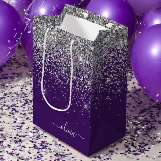 Silver Purple Glitter Girly Monogram Name Medium Gift Bag (Creator Uploaded)