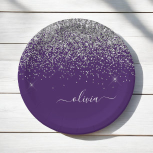 Silver Purple Glitter Girly Monogram Name Paper Plate