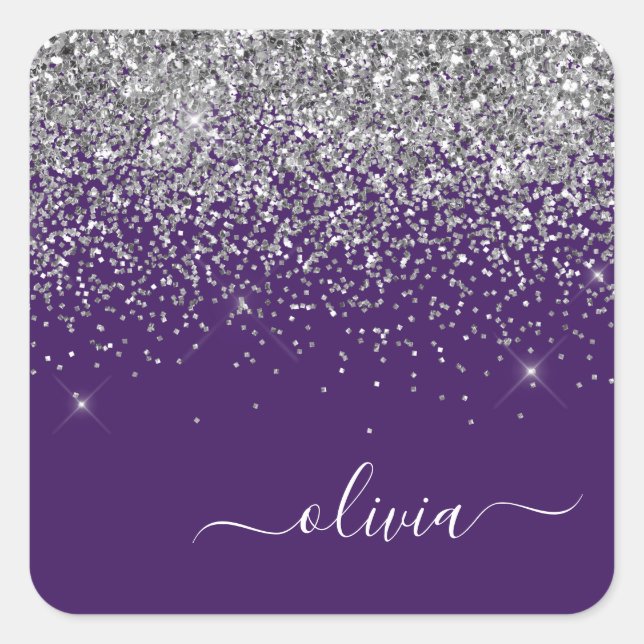 Silver Purple Glitter Girly Monogram Name Square Sticker (Front)