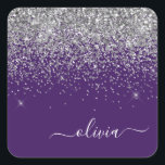 Silver Purple Glitter Girly Monogram Name Square Sticker<br><div class="desc">Silver and Purple Sparkle Glitter Brushed Metal Monogram Name Paper Party Sticker Address Labels. This makes the perfect sweet 16 birthday,  wedding,  bridal shower,  anniversary,  baby shower or bachelorette party gift for someone that loves glam luxury and chic styles.</div>