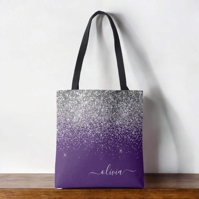 Silver Purple Glitter Girly Monogram Name Tote Bag (Creator Uploaded)