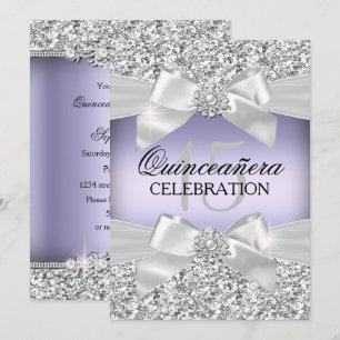 Silver Purple Glitter Jewel Bow Quinceanera Invitation