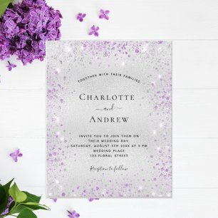 Silver purple glitter metal elegant wedding invitation postcard