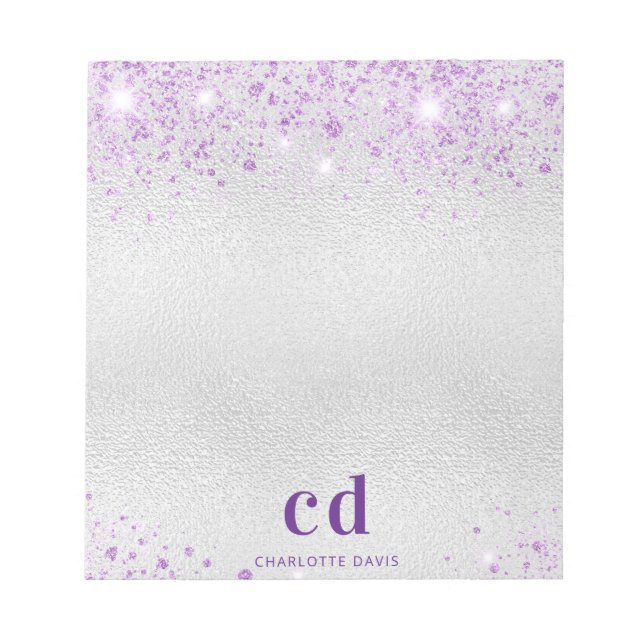 Silver purple glitter metal monogram initials name notepad (Front)