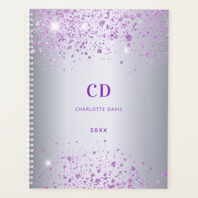 Silver purple glitter monogram name planner (Front)