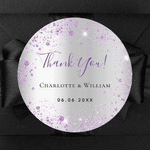 Silver purple glitter name date wedding classic round sticker