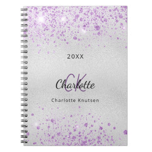 Silver purple glitter name monogram elegant notebook