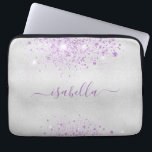 Silver purple glitter name script laptop sleeve<br><div class="desc">A classic faux silver metallic looking background. Decorted with purple coloured glitter dust. Personalise and add your name. The name is written with a modern hand lettered style script with swashes. To keep the swashes only delete the sample name, leave the spaces or emoji's in front and after the name....</div>