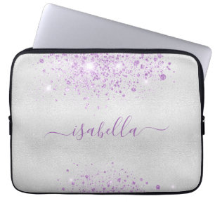 Silver purple glitter name script laptop sleeve