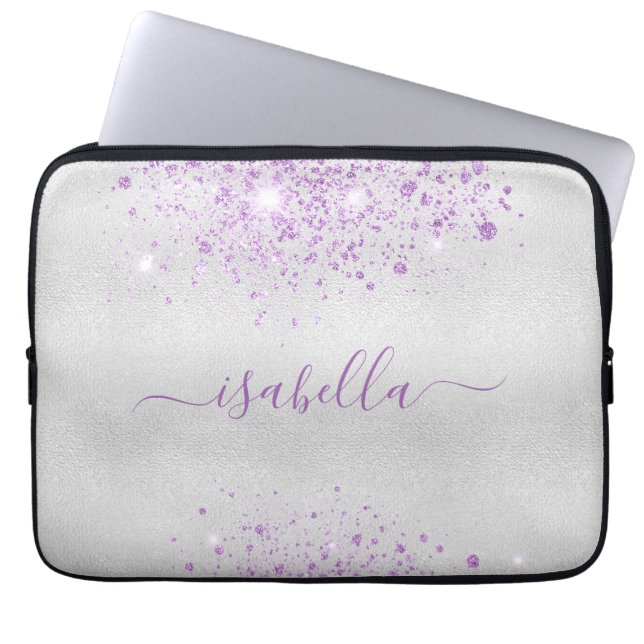Silver purple glitter name script laptop sleeve (Front)