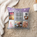 Silver purple glitter photo collage name cushion<br><div class="desc">A unique gift for a birthday, Christmas, mother's day, celebrating her life with a collage of 5 of your own photos, pictures. Personalise and add her name and monogram letter. A faux silver metallic looking background. Decorated with purple faux glitter dust. Purple and white letters. The name is written with...</div>