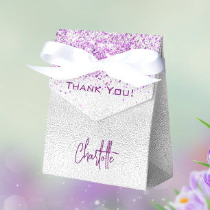 Silver purple glitter sparkles name thank you favour box