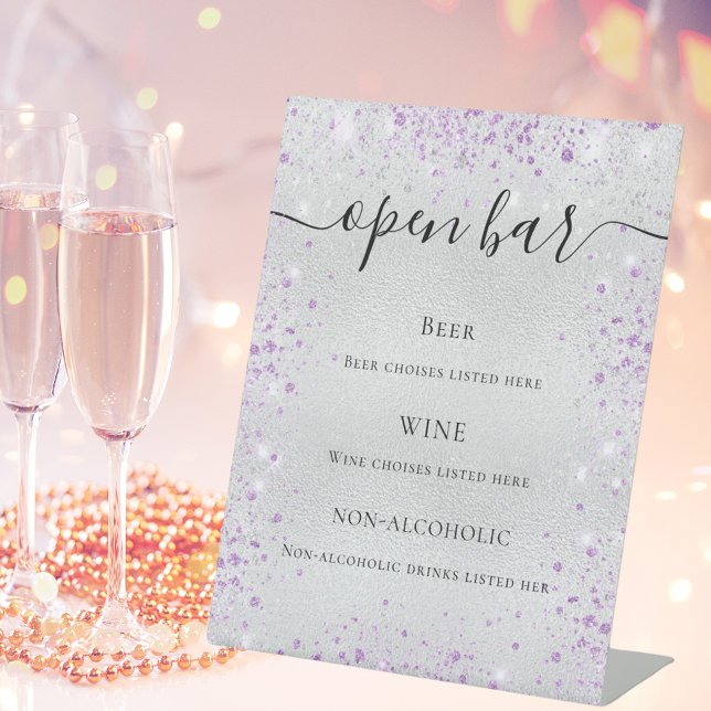 Silver purple glitter sparkles script bar menu pedestal sign (Creator Uploaded)