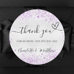 Silver purple glitter sparkles thank you wedding classic round sticker<br><div class="desc">Faux silver background,  decorated with purple,  violet faux glitter,  sparkles.  With the text: Thank you for sharing our special day,  with a small heart.   Personalise and add your names.</div>
