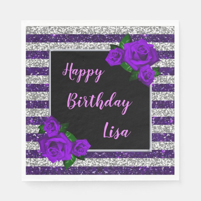 Silver Purple Glitter Stripes Purple Rose Birthday Napkin (Front)