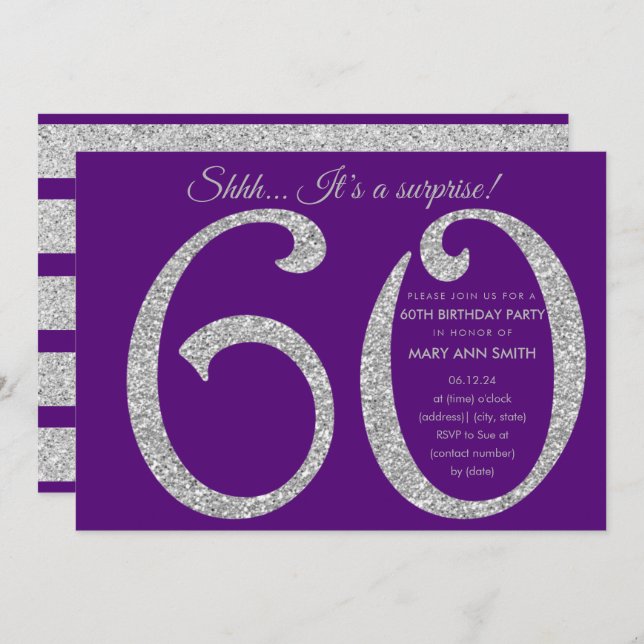 Silver Purple Glitter Surprise 60th Birthday Party Invitation (Front/Back)