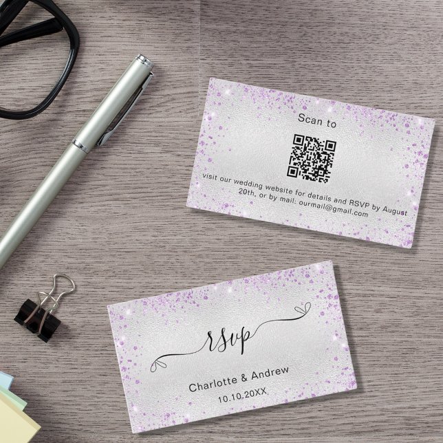 Silver purple glitter wedding website RSVP QR code Enclosure Card (Creator Uploaded)
