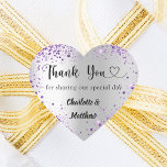 Silver purple heart thank you wedding heart sticker<br><div class="desc">A faux silver looking background,  decorated with faux purple glitter.  With the text: Thank you for sharing our special day,  with a small heart.   Personalise and add your names.</div>
