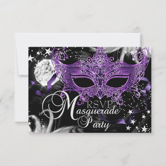 Silver Purple Mask Star Night Masquerade RSVP (Front)