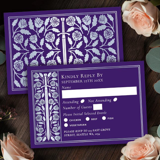 Silver Purple Mediaeval Sword Wedding RSVP Card (Creator Uploaded)