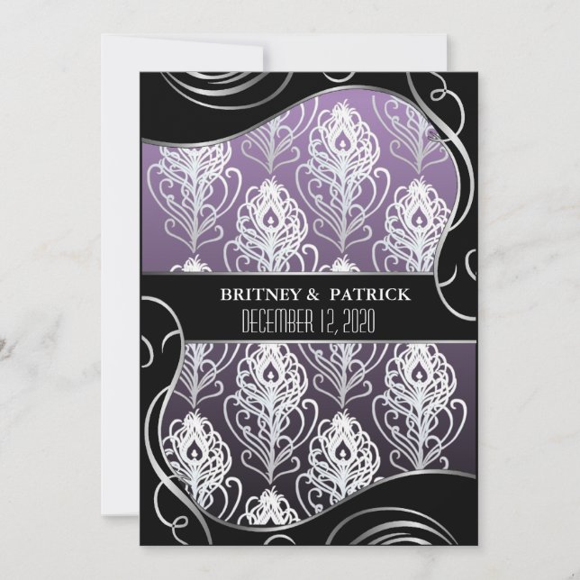 Silver Purple Peacock Feather Wedding Invitations (Front)