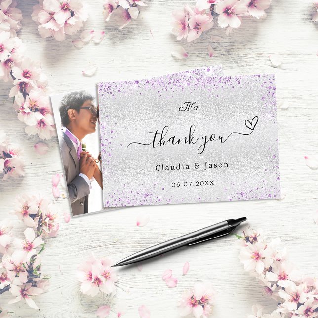 Silver purple photo elegant wedding thank you card (Creator Uploaded)