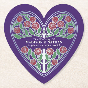 Silver Purple Royal Mediaeval Floral Sword Wedding Paper Coaster