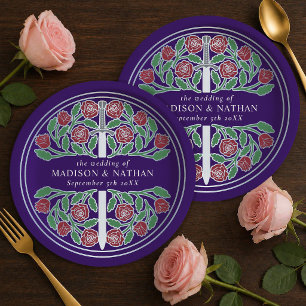 Silver Purple Royal Mediaeval Floral Sword Wedding Paper Plate